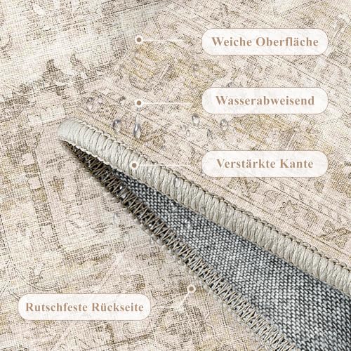 PureCozy Vintage Alfombra Salon 200x300cm Beige Habitacion Alfombras Lavable Antideslizante Dormitorio Grande Tapete Sala Comedor Oficina Interior Pelo Corto Rug Carpet