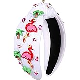 mokkia Flamingo Headbands for Women Summer Beach Tropical Palm Tree Headband Boho Hawaiian Hairbands Pink Crystal Top Knot Hairband Summer Accessories Beach Vacation Outfits (Flamingo A)