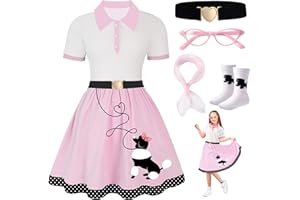 PARTTELY Poodle Skirt, 50s Outfit for Girls, 5PC 1950's Sock Hop Costume with Glasses,Waistband,Scarf and Sock for Halloween