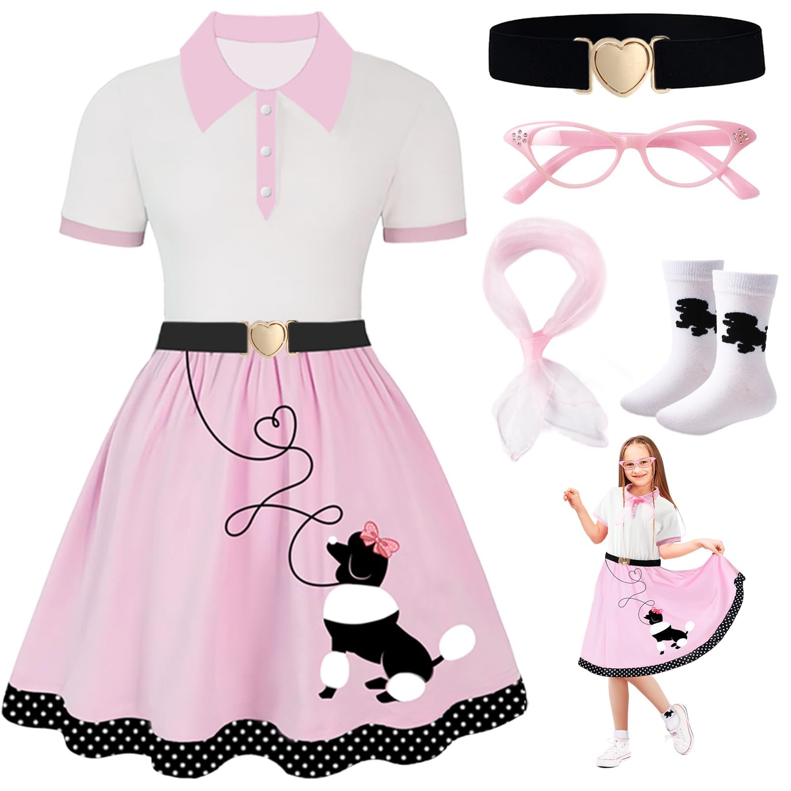 Photo 1 of PARTTELY Poodle Skirt, 50s Outfit for Girls, 5PC 1950's Sock Hop Costume with Glasses,Waistband,Scarf and Sock for Halloween