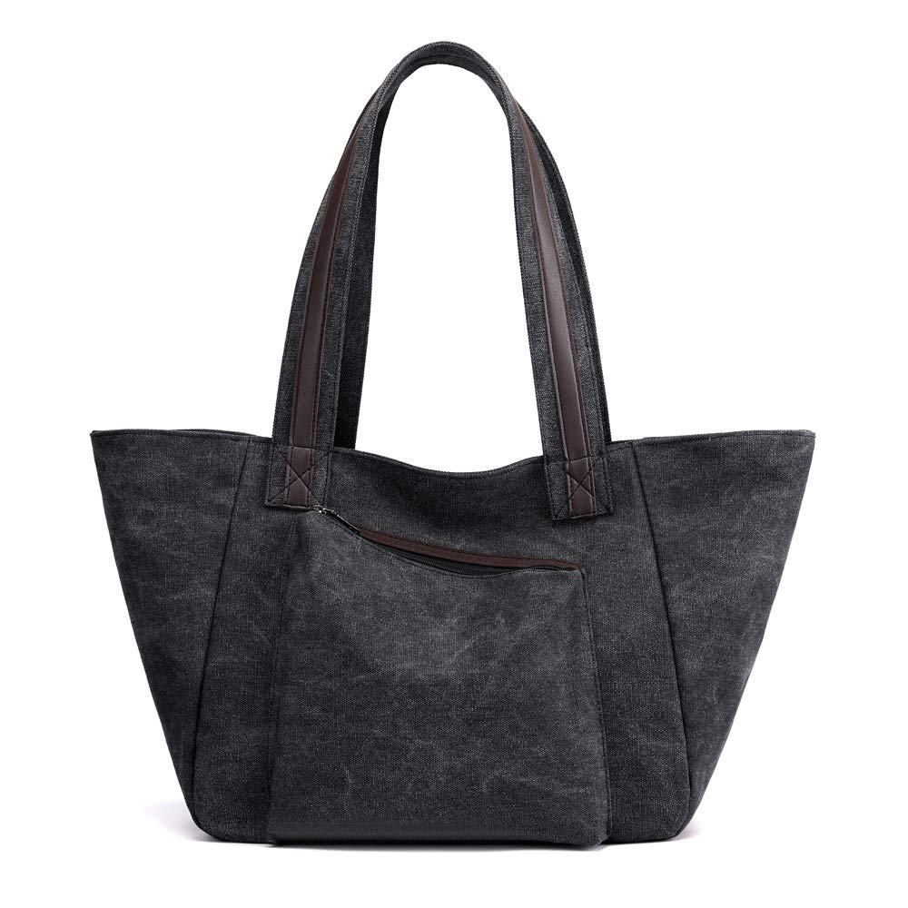 COWORK-UP Canvas Shoulder Bag Large Women's Totes Canvas Hobo Bags for School Shopping Work (Black)