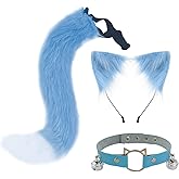 QinRuan Cat Ears and Wolf Fox Animal Tail Cosplay Costume Faux Fur Hair Clip Headdress Halloween Leather Neck Chocker Set