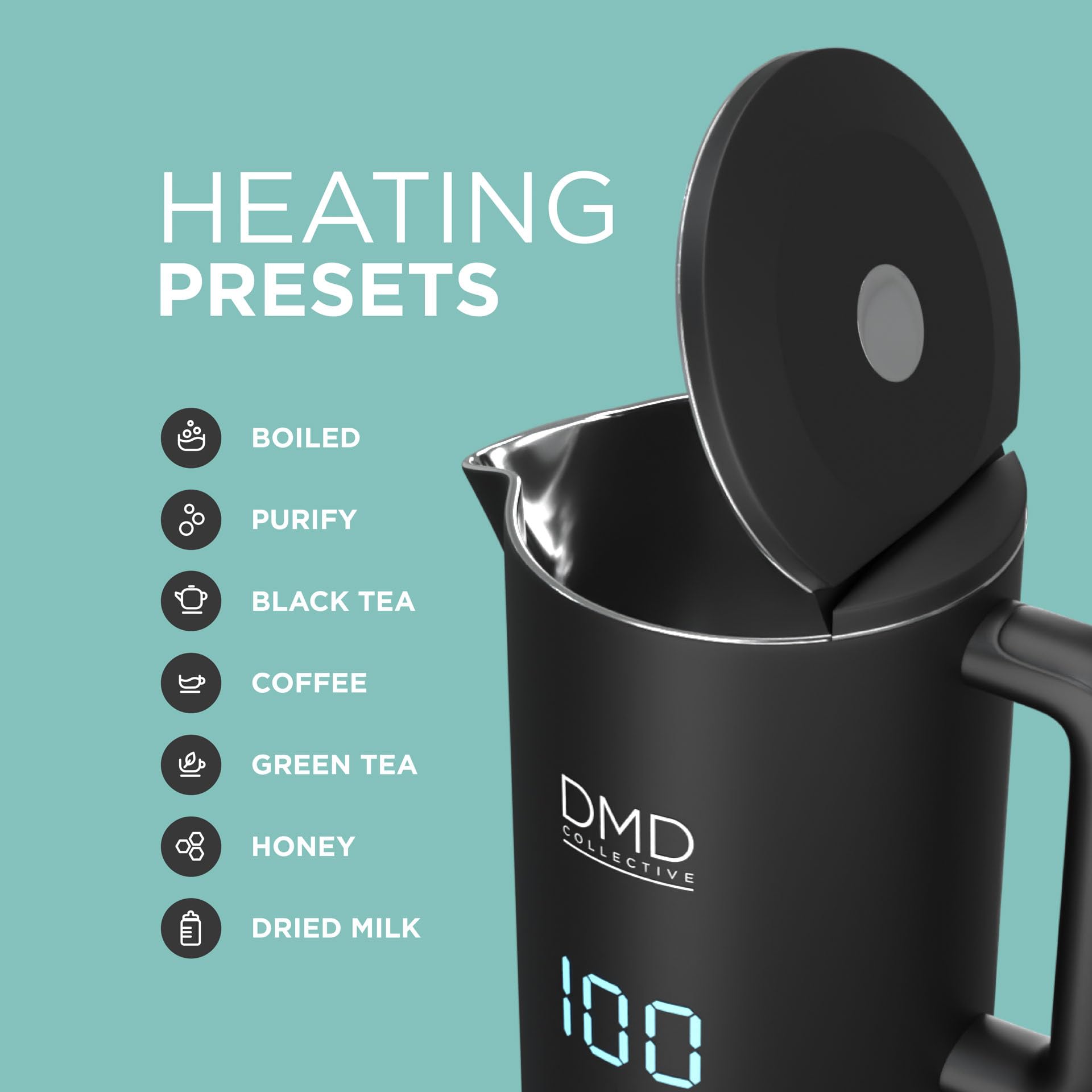 DMD Collective – Smart Kettle 1.5L, Wi-Fi Touchscreen, Voice Control with Alexa & Google | Digital Temperature Display, Double Wall & Anti-Scalding Design, Energy-Efficient