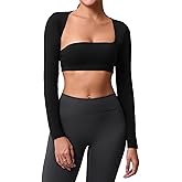 ABOCIW Womens Square Neck Long Sleeve Workout Crop Tops with Built in Bra Slim Fit Cutout Back Gym Yoga Athletic Shirts
