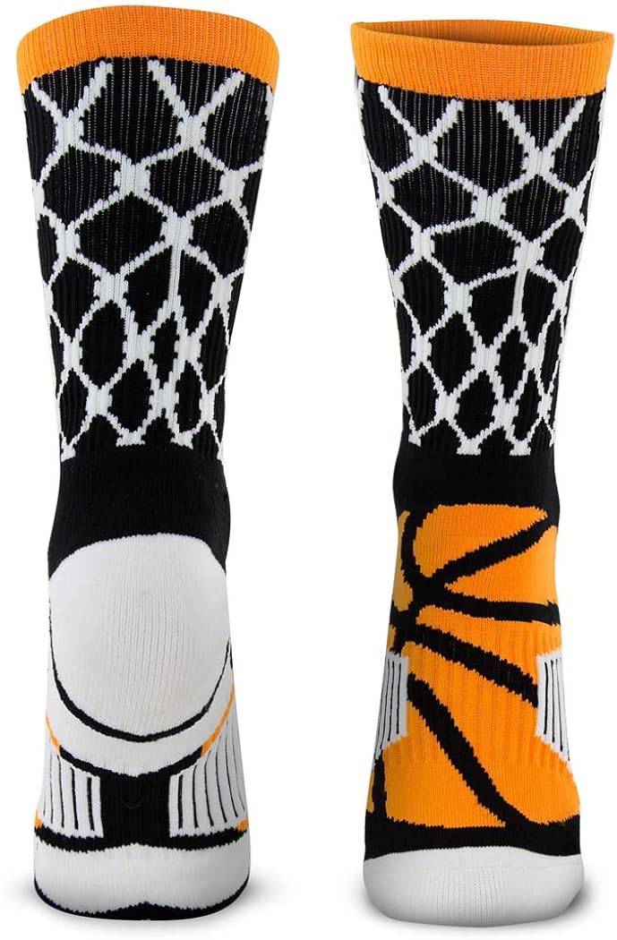 Basketball Woven Mid-Calf Socks | Hoop and Ball | Black & Orange: Clothing