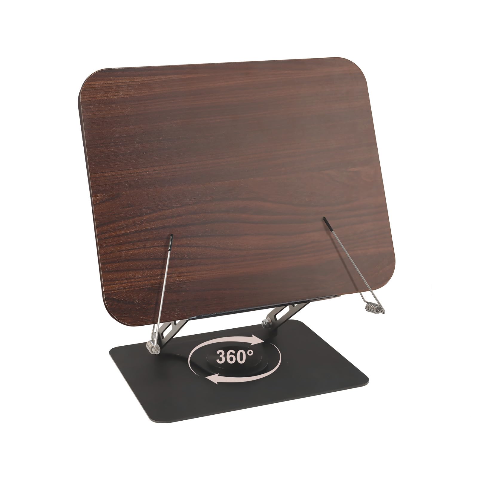 Foyucool Book Stand for Reading, Height Adjustable, Foldable Wood Cookbook Holder, with 360° Swivel Base and 90° Swivel Page Clips, for Music Scores, Magazines, Book, Laptop, Wooden
