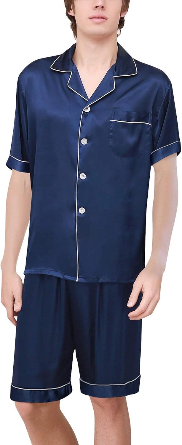 Mens Pyjamas Set, Satin Short Sleeve Silky Soft Spring Summer Silky