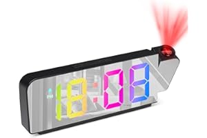 GuDoQi Projection Alarm Clock, Colorful LED Clock for Bedroom, Digital Projection Clock on Ceiling Wall with Large Number, Temperature, 12/24H Display, Mirror Surface, Adjustable Brightness, Snooze