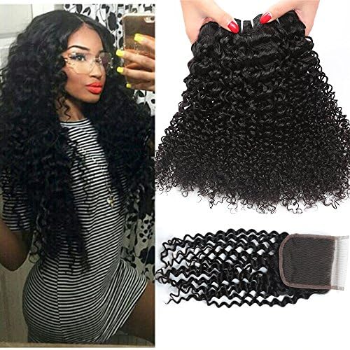 Longjia Hair Brazilian Curly Hair 3 Bundles with Lace Closure Free Part 4x4 100% Unprocessed Human Hair Extensions (8 10 12 with 10) Natural Color