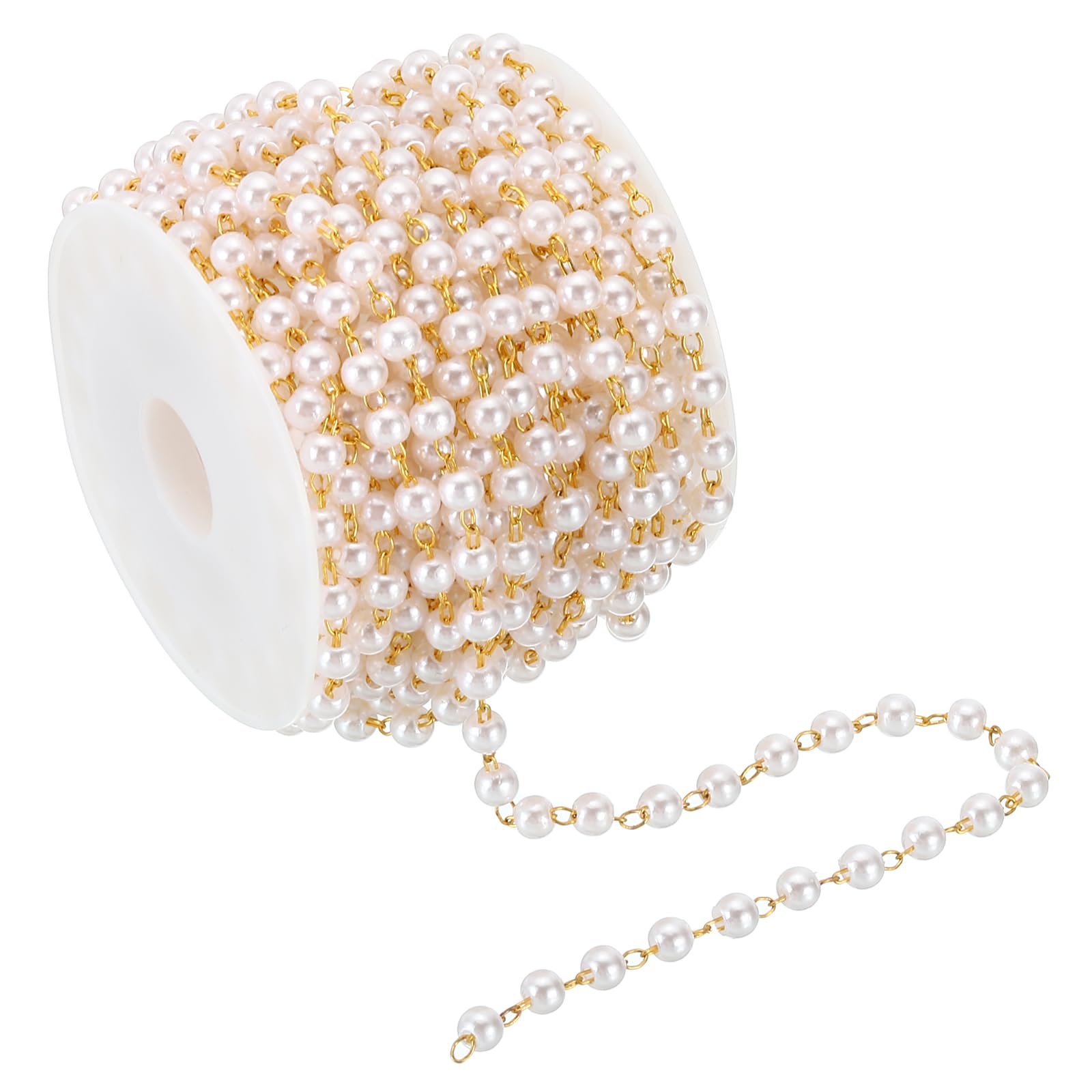 PATIKIL 5m/16 Feet Faux Pearl Beading Chain with Spool, 4mm Brass Chain Link for Decoration Making DIY Accessories Style 1, Dark Gold