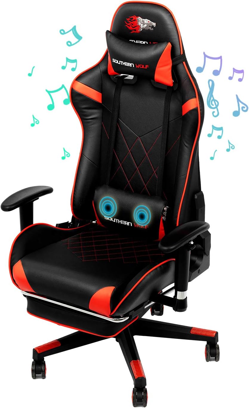 SOUTHERN WOLF Gaming Chair with Massage Function - Bluetooth Office Swivel Chair with Racing Style - Ergonomic Home Office Chair with Armrest Footres Headrest and Lumbar Support (Red)