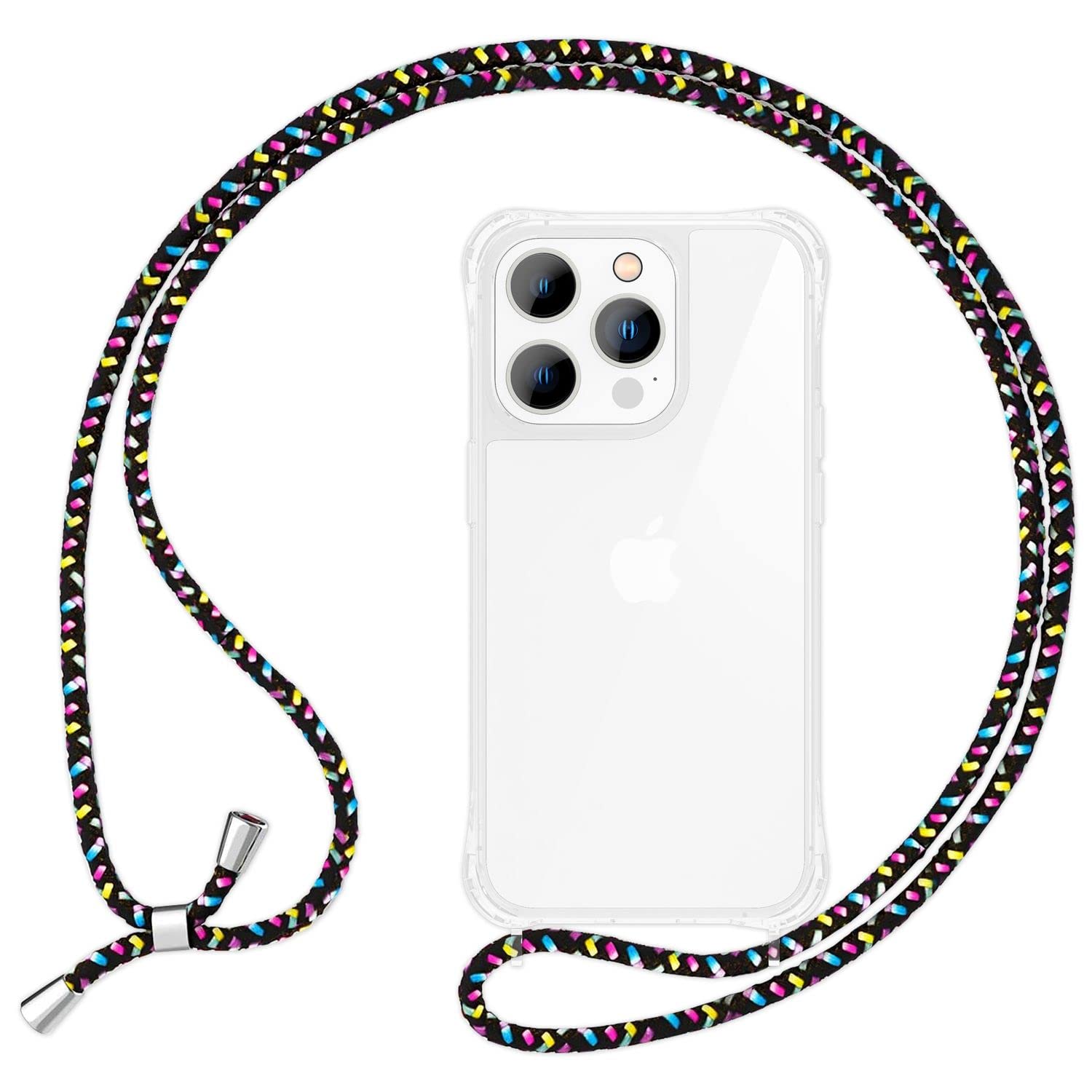 NALIA Necklace Case for iPhone 14 Pro Max - Transparent Hybrid Cover & Strap - HANGIT PRO (Anti-Yellow Back & Adjustable) - German Brand, Color:Black Colourful