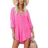 POWSEEN Women's Summer Long Sleeve Beach Cover-ups Casual Button Down Dresses Shirt Oversized Tunic Dress with Pocket