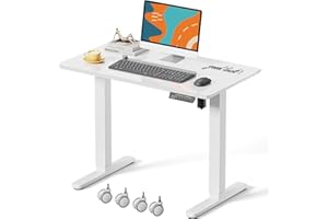 JOY worker Small Glass Standing Desk, 35" x 20" Electric Whole Piece Height Adjustable Desk with 4 Lockable Casters, Mobile White Sit to Stand Workstation for Home Office