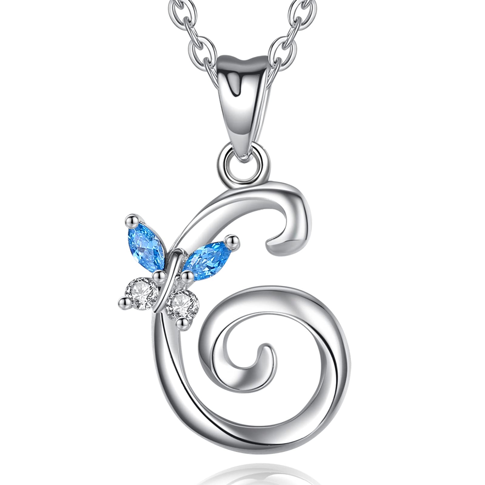 EUDORA Initial Butterfly Necklace 925 Sterling Silver G Alphabet Letter Personalised Pendant Necklaces with Blue Cubic-Zirconia Gifts for Women Ladies Girls Mother's day, 18 inches Chain
