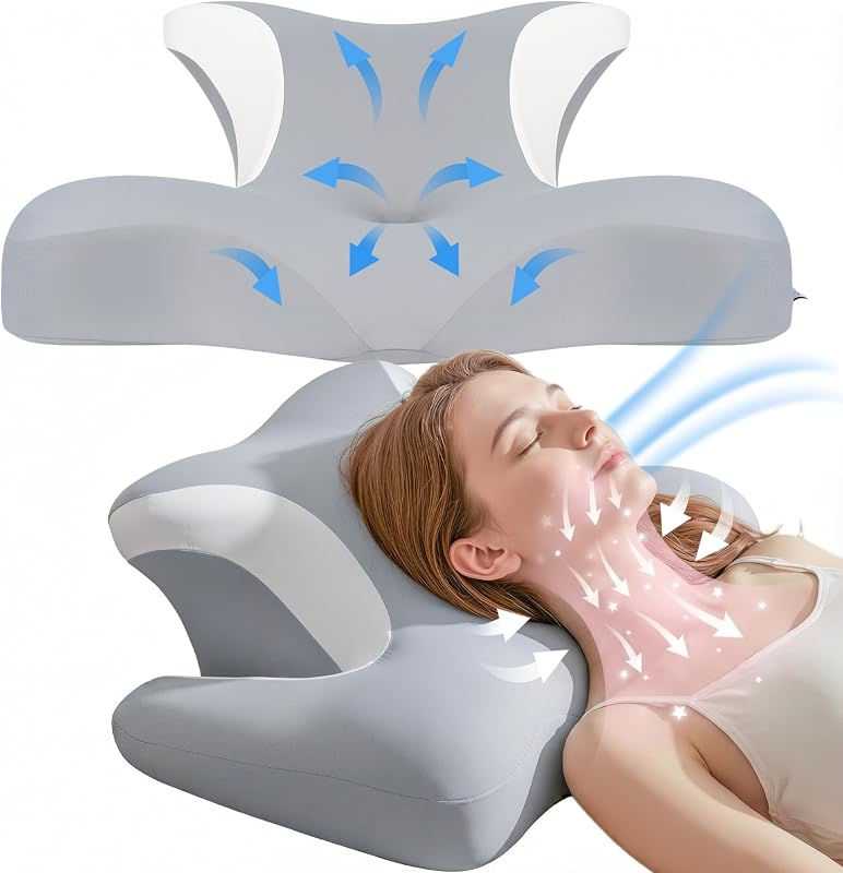 Almohada Cervicales y Cuello - Ergonómica para Dormir de Lado, Boca Arriba o Abajo, Espuma Viscoelástica, Diseño con Espacio para Orejas y Brazos, Funda Transpirable, 64×48×24 cm, Gris