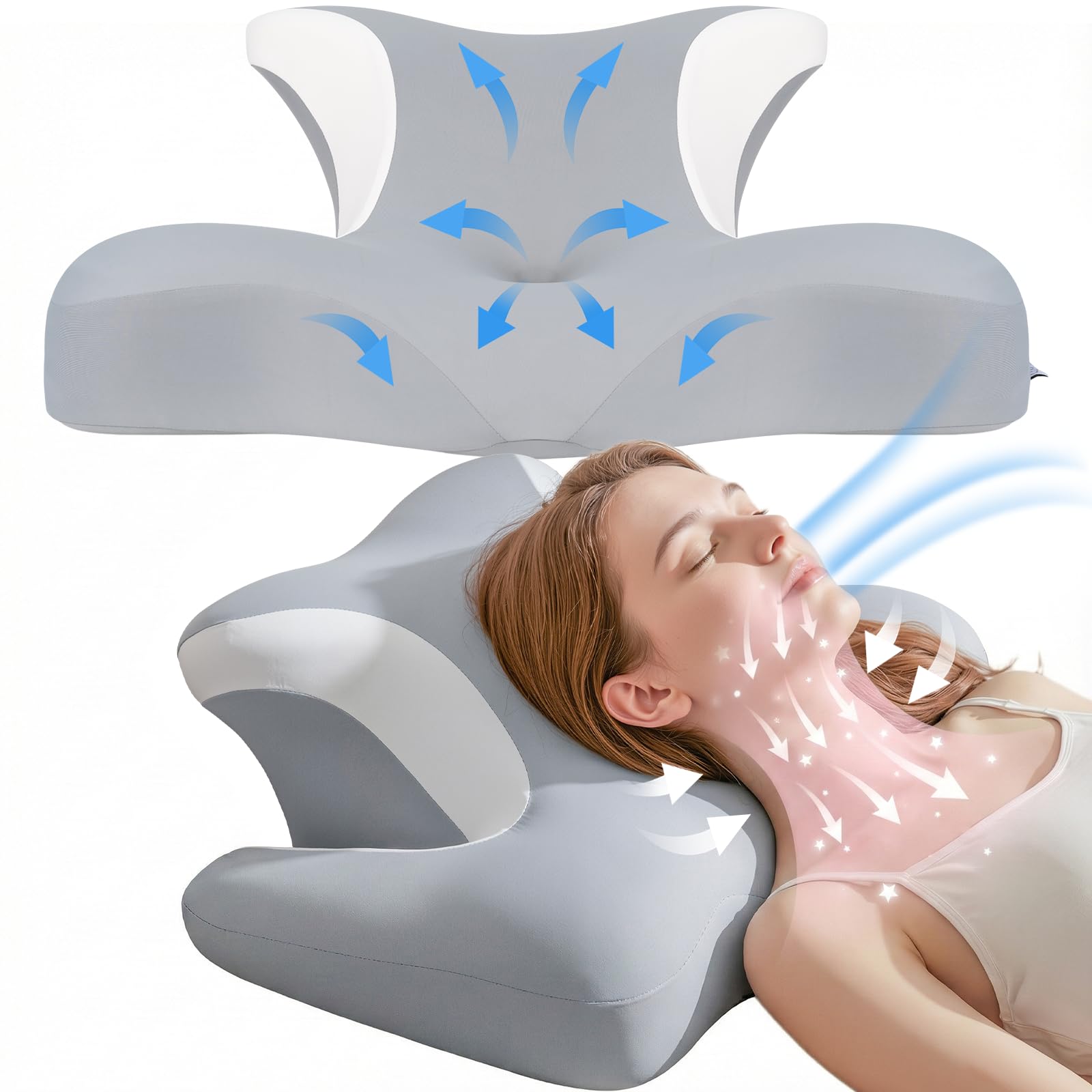 Almohada Cervicales y Cuello - Ergonómica para Dormir de Lado, Boca Arriba o Abajo, Espuma Viscoelástica, Diseño con Espacio para Orejas y Brazos, Funda Transpirable, 64×48×24 cm, Gris