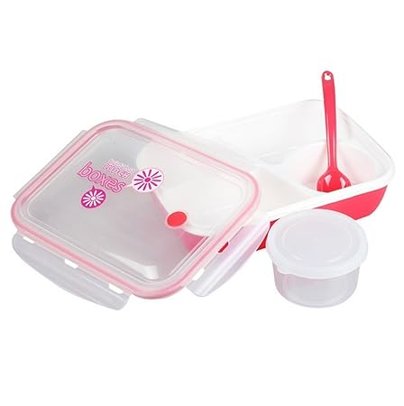 zjchao Lunchbox, Silikon Auslaufsicher Bento Box Mikrowelle Safe Food Container - 4 in 1-3-Abteil 1-Bowl 1-Löffel (Rot)