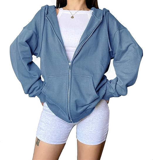 N /D Women 's Casual Zip Up Oversized Hoodie, Long Sleeve Solid Color