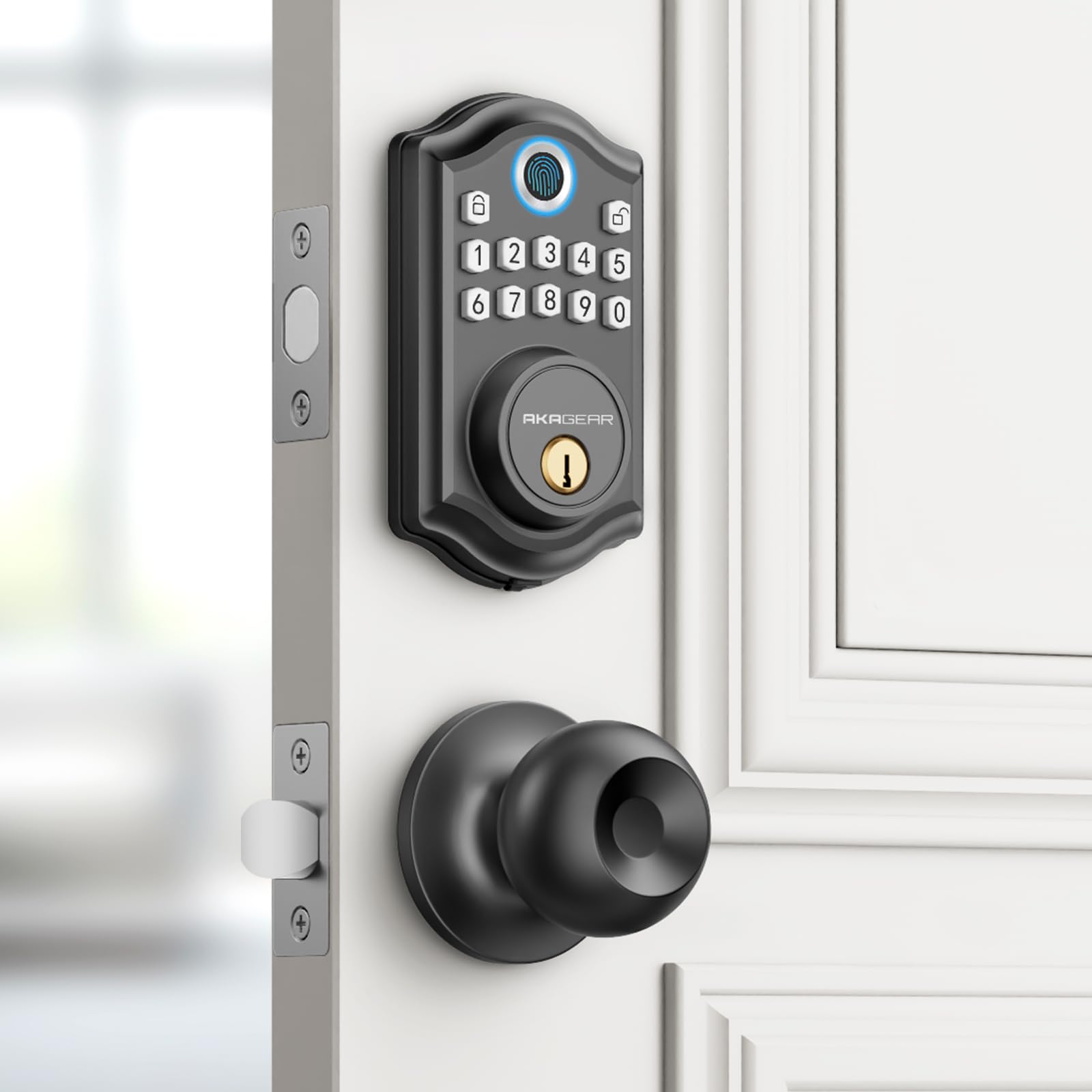 AkaGear DS10 Keyless Entry Door Lock, Fingerprint, Exterior Door Knob Handle, 2 Keys, Electronic Keypad, One-time Code, Smart Locks for Front Door, Bedroom, Auto-Lock, Easy Installation – Matte Black