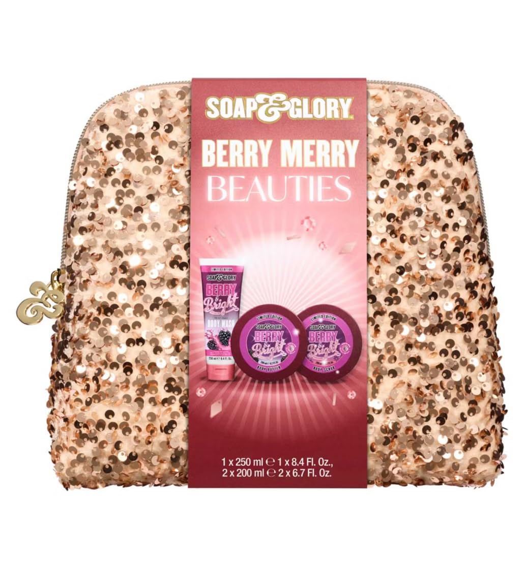 Soap & Glory Berry & Bright Toiletry Bag - Gift Set for Christmas 2023 - Berry & Bright Body Wash, Body Butter, Bright & Beautiful Radiance Sheet Mask and Glittery Toiletry Bag