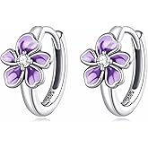 Qings Flower Small Hoop Earrings for Women, S925 Sterling Silver Hypoallergenic Huggie Hoop Earrings Purple Fresh Flower Earrings Jewelry Gifts for Women