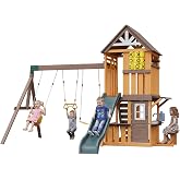 SunSwell Wooden Swing Sets for Backyard - Outdoor Playset | 7 FT Wave Slide, 3 Swings, Play Kitchen, Toy Telescope, Steering Wheel, Tic-Tac-Toe, Balconies