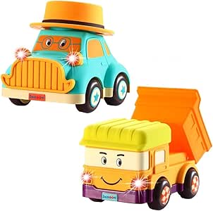 Amazon.com: INSOON Juguetes para niños pequeños para coches y camiones para 1 2 3 años de edad, niños niñas juguetes para bebés coche musical con ruedas universales 2 Pack de dibujos animados