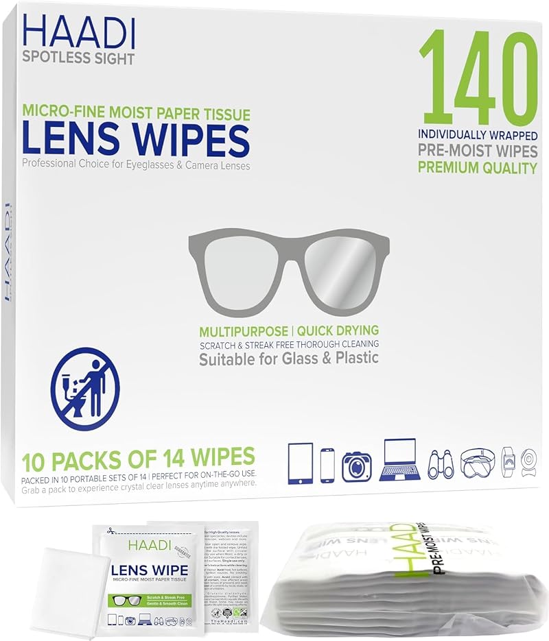 HAADI Glasses Cleaner Wipes 140 Pack Individually Wrapped 6x5 in