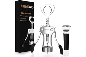 Beneno Wine Opener with Silicone Leak Proof Wine Vacuum Stopper, Zinc Alloy Premium Wing Corkscrew with Multifunctional Bottl