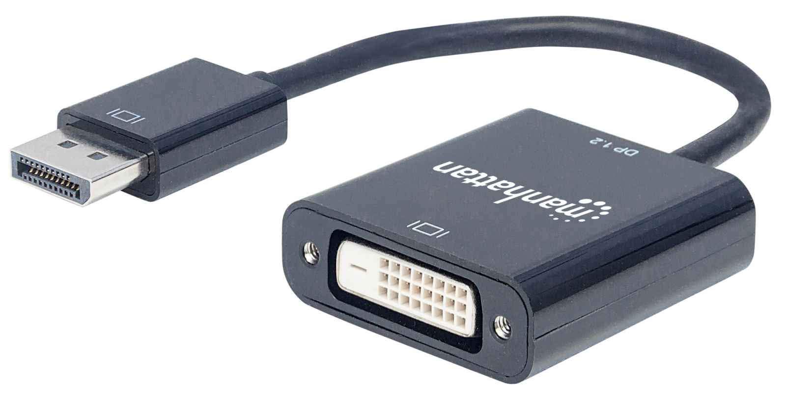 Manhattan DisplayPort 1.2a to DVI-D 24+1 Adapter Cable, 1080p@60Hz, 23cm, Male to Female, Active, Compatible with DVD-D, Black, Three Year Warranty, Polybag