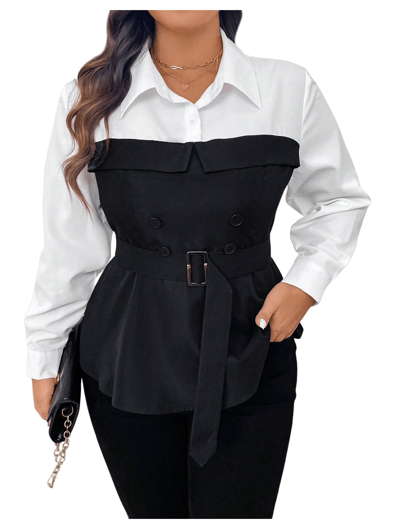 Photo 1 of MakeMeChic Women's Plus Size Color Block Long Sleeve Collared Belted 2 in 1 Blouse Shirt Tops Black and White 4X-Large Plus