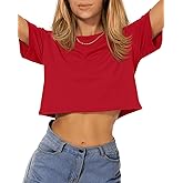 Womens Summer Crop Tops Short Sleeve Round Neck T-Shirts Loose Fit Casual Blouse