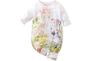 Aoswep - Cute Giraffe + Zebra With Floral Print Long Sleeve Baby Girl Clothes White Jumpsuit For Baby One-Piece Romper