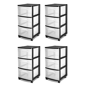 STERILITE 3-Drawer Storage Cart, Clear with Black Frame (4-Pack) | 4 x 28309002