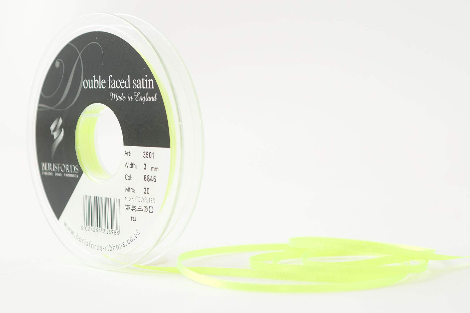 Berisfords Double Satin Ribbon, Flo Yellow, 3 mm