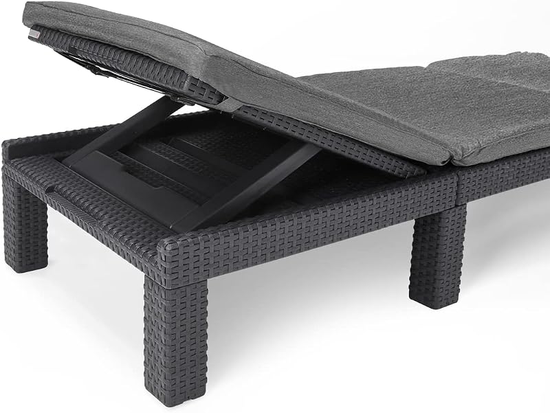 Allibert by Keter Daytona Deluxe Sonnenliege für Garten, Terrasse & Balkon mit verstellbarem Kopfteil, grau, inkl. Auflage, Gartenliege aus Kunststoff, flache Rattanoptik, 195x65x25,5 cm