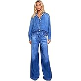RGDYPKO Women's Denim Dreams Pajama Sets, Relaxed Wide-Leg Pants Cozy Button-Down Top, Soft Stretch Sleepwear for Cozy Nights