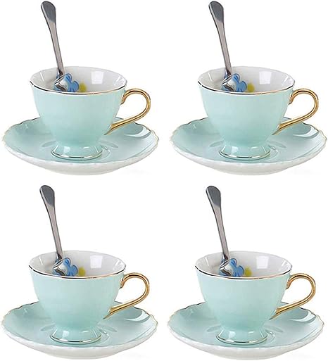 Amazon Ybk Tech カップ ソーサー 4のセット ボーンチャイナ 北欧風 可愛い カップの中の蝶カップの内側の花 ライトブルー カップ ソーサー オンライン通販