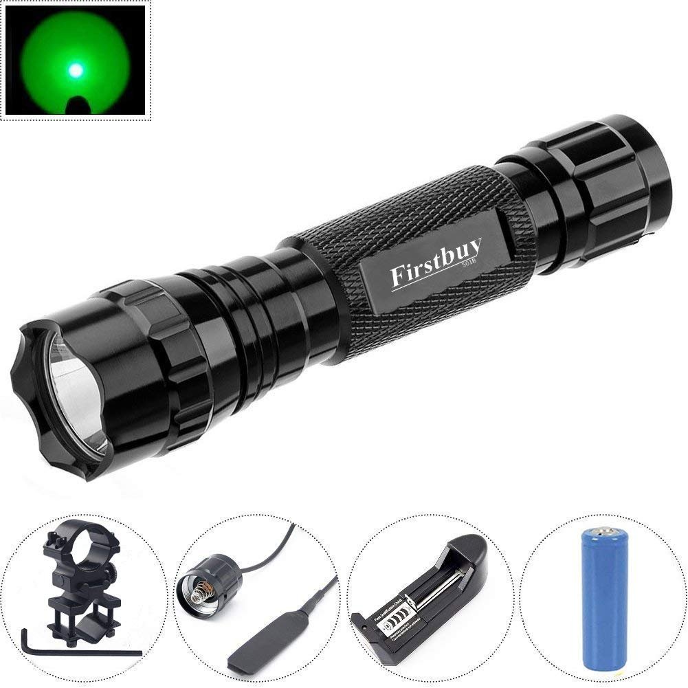 LENPOW Green Hunting Light Portable Torch Lantern Handeld Lamp Water Resistant Tactical LED Flashlight with Barrel and Rail Mount, Remote Pressure Switch, 18650 Rechargeable Battery, Battery Charger