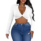 LovelyWholesale Women Long Sleeve Crop Top Twist Front Tops Sexy V Neck T Shirts