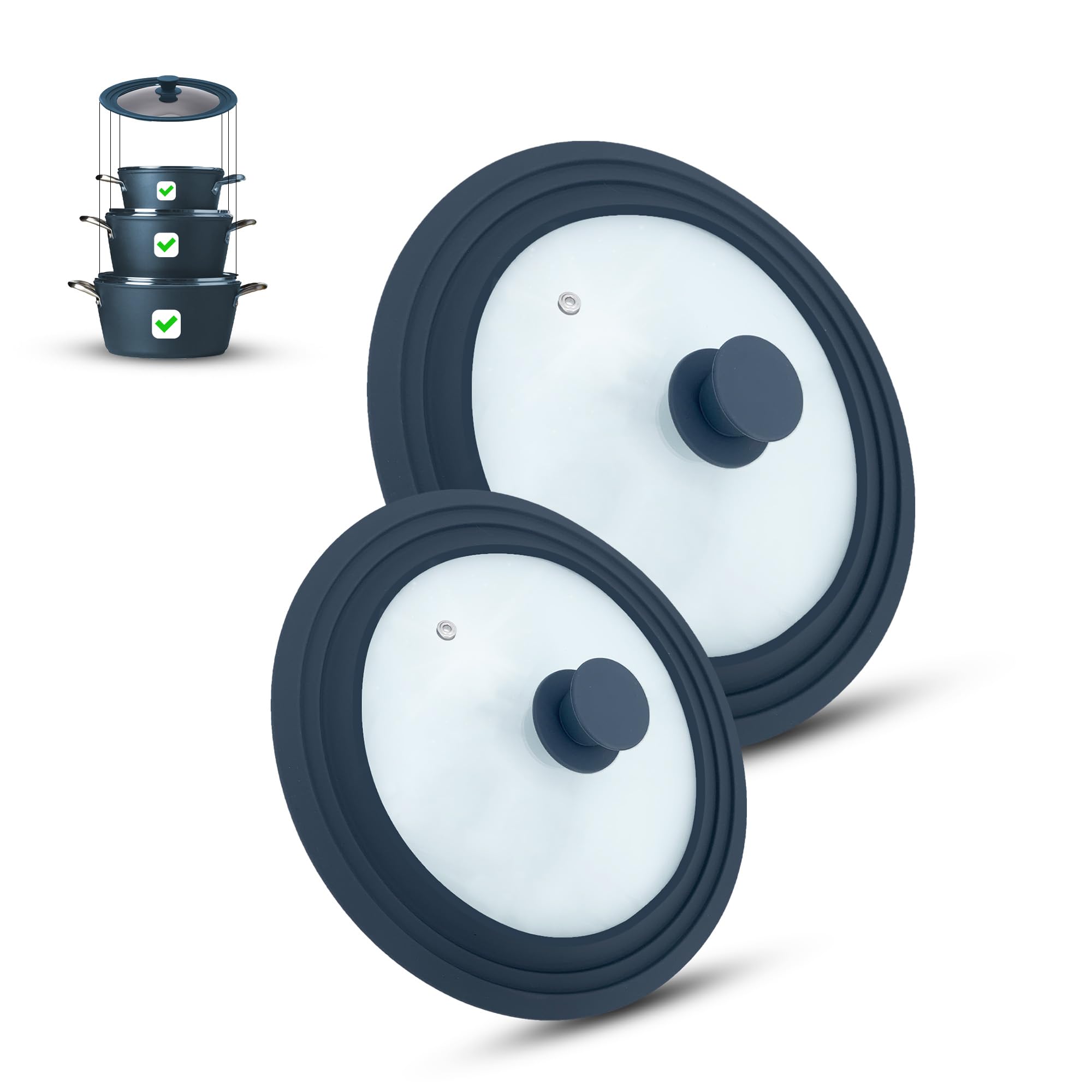 Set of 2 universal glass lids, 2-part, pots and pans 16/18/20 cm & 24/26/28 cm, with outlet valve and silicone rim. (Gray, 16/18/20-24/26/28 cm)