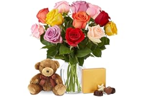 From You Flowers - One Dozen Rainbow Roses with Chocolates & Bear with Glass Vase | Fresh Flower Bouquets for Birthday, Anniversary, Get Well or Celebration
