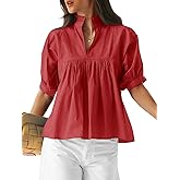 Cicy Bell Womens Puff Sleeve V Neck Blouse Babydoll Peplum Tops Dressy Casual Pleated Loose Fit Shirts