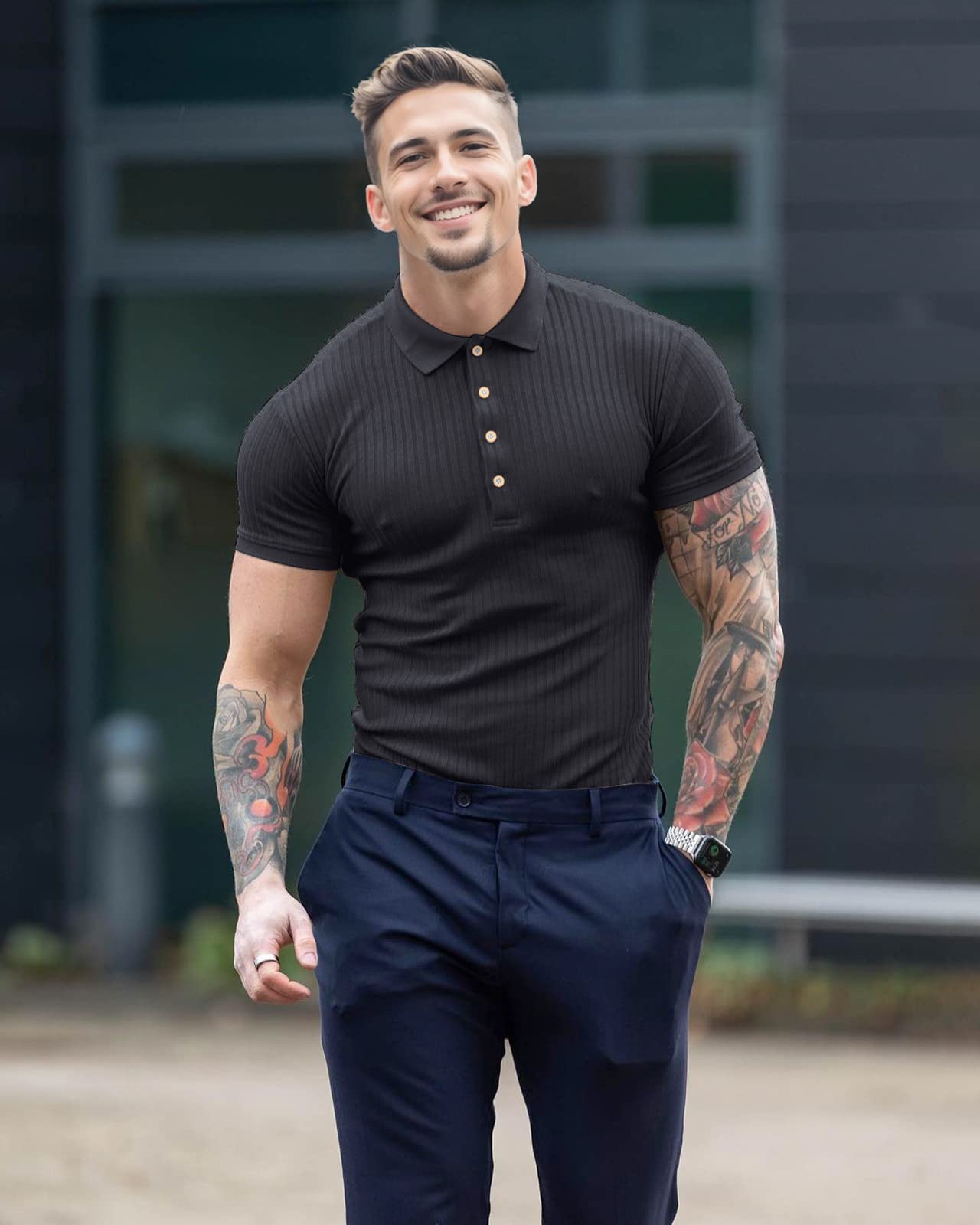 onzcy Muscle Polo Shirts for Men Short Sleeve Slim Fit Golf Shirts for Men Casual Dry Fit T Shirts Ribbed Knit Bowling Shirts