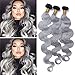 Zara Hair Platinum Grey Ombre Hair 3 Bundles Two Tone 1B/Grey Human Hair Extensions Silver Gray Dark Roots Body Wave Brazilian Human Hair Weaves (18 20 22 Inch)