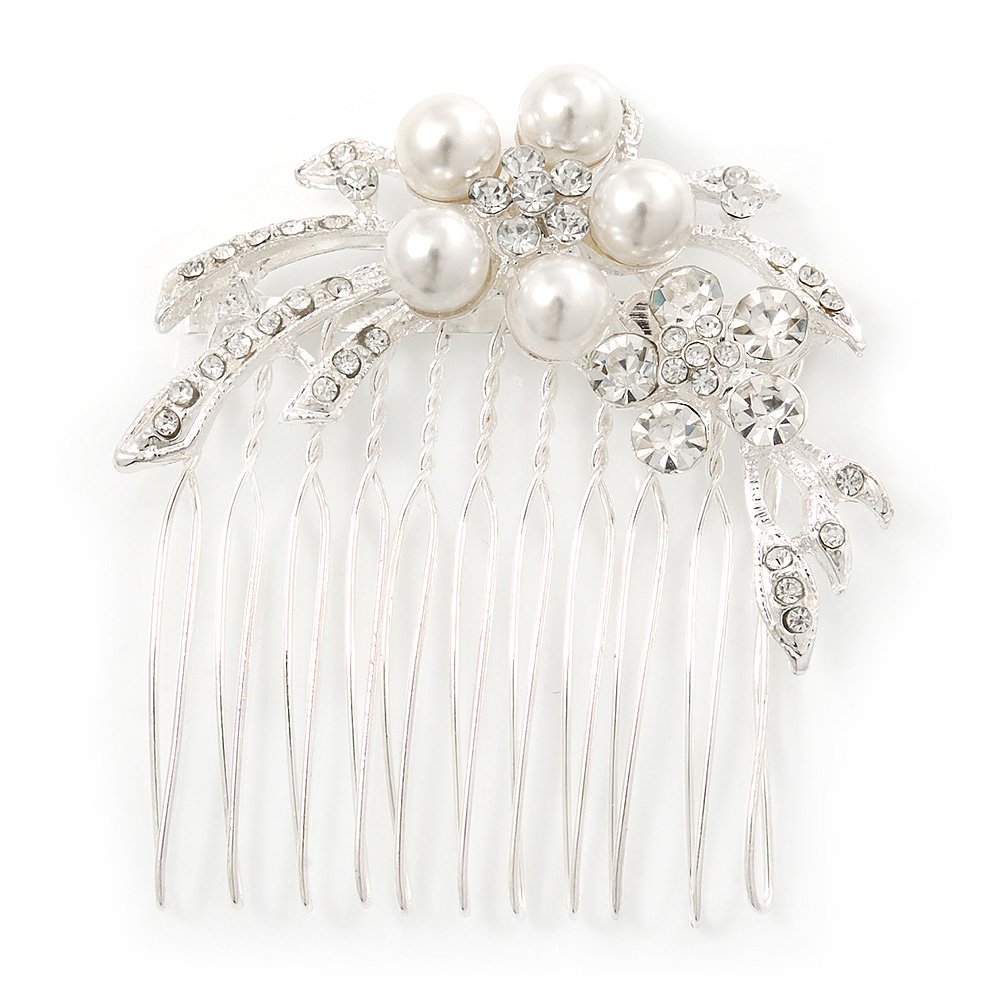 Bridal/Wedding/Prom/Party Rhodium Plated Clear Austrian Crystal, Simulated Glass Pearl Double Flower Hair Comb - 50mm