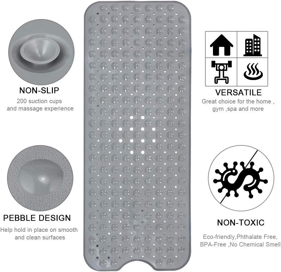 YINENN Bath Tub Shower Mat 40x16 Inch Non-Slip and Latex Free,Bathtub Mat with Suction Cups, Machine Washable Bathroom Mats with Drain Holes (Grey): Health & Personal Care
