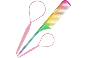 Marcoido Hair Loop Tool Set, Includes 1Pcs Vivid Rat Tail Comb, 2Pcs French Braid Tool Loop for Hair Styling (Pink)