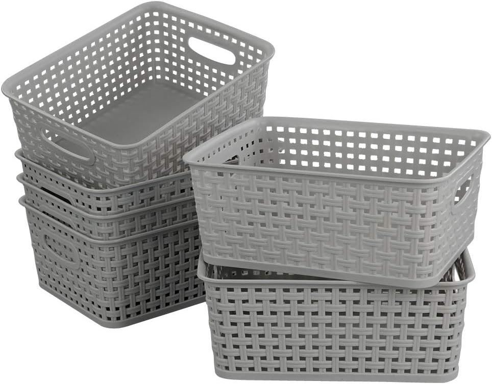 6-Pack Plastic Storage Organizer Basket, 10.04"L x 7.48"W x 3.95"H, Slightly Gray